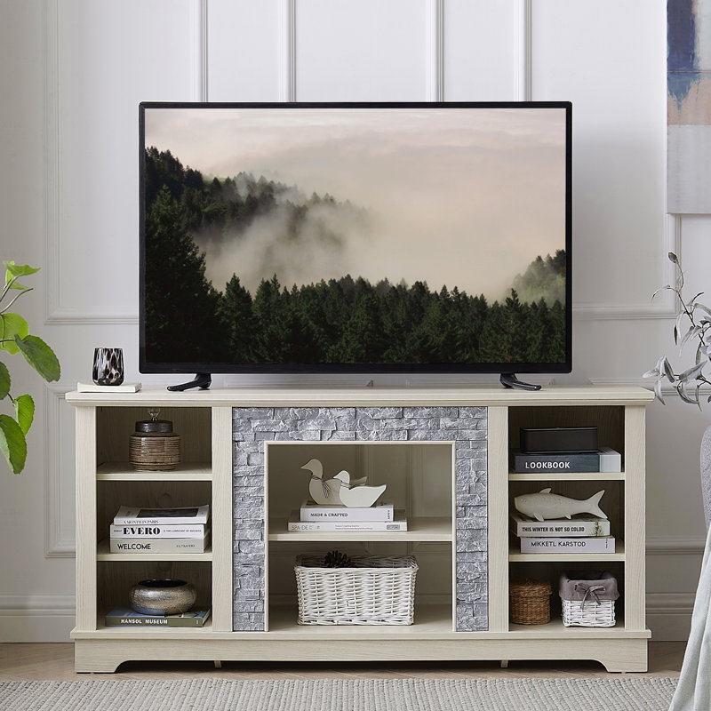 Mantel Stone TV Media Stand With With Faux Stacked Stone Surround, Modern Entertainment Console With Open Storage Space,WHITE, 58.31"W*15.39"D*26.06"H