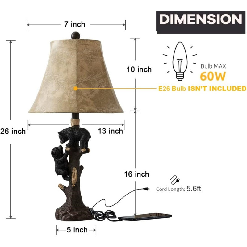  Lampe de table ours en résine 26 "Ashaley avec ports USB et Type-C