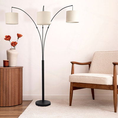 Lampadaire arqué à 3 bras Royal en métal, bronze huilé avec abat-jour en lin, interrupteur rotatif à 4 positions