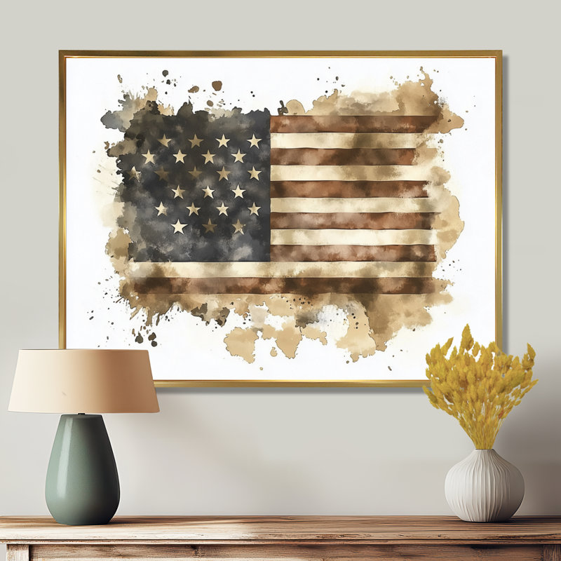Drapeau rétro rétro «Era of Usa» - paysages, art mural, H 24 po x l 32 po, Impression encadrée flottante, Doré