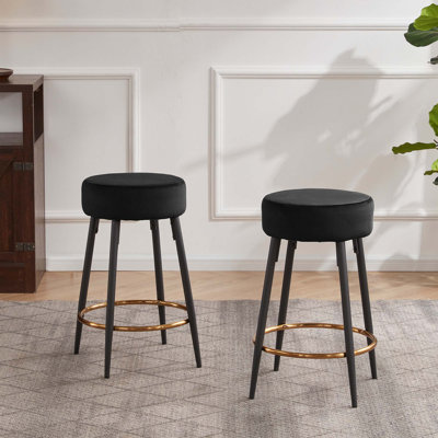 Seattle 15.4" Wide Modern Black Metal and Velvet Bar Stools with Gold Footrest