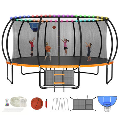Grand trampoline d'extérieur de 16 pi avec panier de basketball, option d'éclairage à DEL, sac de rangement, trousse d'ancrage, filet de sécurité intérieur, échelle, rembourrage à ressort pour enfants
