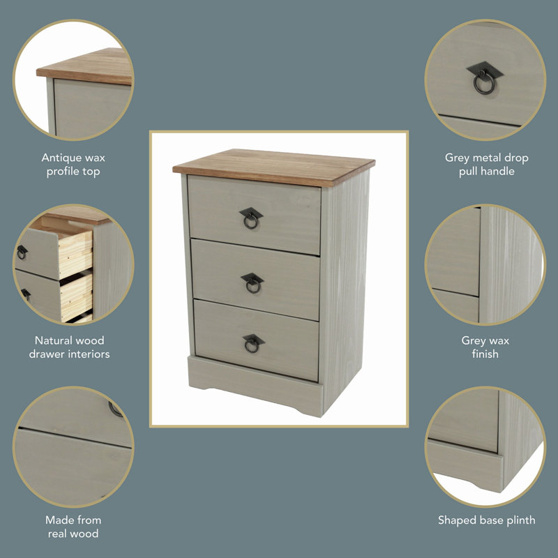 Prochniak 3 Drawer Bedside Cabinet, Waxed Finish, 44cm