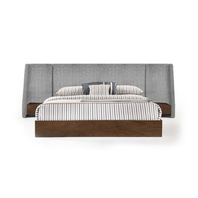 Nie Bed, Gray Upholstered Wide Wall Headboard, Walnut Brown Wood