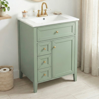 Meuble-lavabo de 24 po avec lavabo, lavabo en céramique, armoire de salle de bain avec 1 tiroir coulissant et 2 tiroirs de rangement coulissants, porte à fermeture en douceur avec support de rangement, pieds en bois massif, un paquet