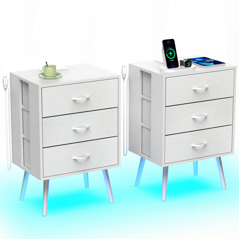 Ensemble de 2 tables de chevet modernes avec lumières DEL et tiroirs en tissu pour une utilisation nocturne pratique, Blanc