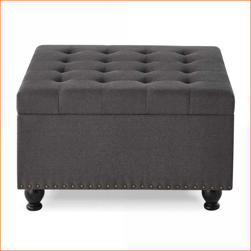 Ottoman with Storage, Charcoal Gray Tufted Square Ottoman with Solid Wood Legs &amp; Nail Trims for Living Room | Wood | Charcoal Gray