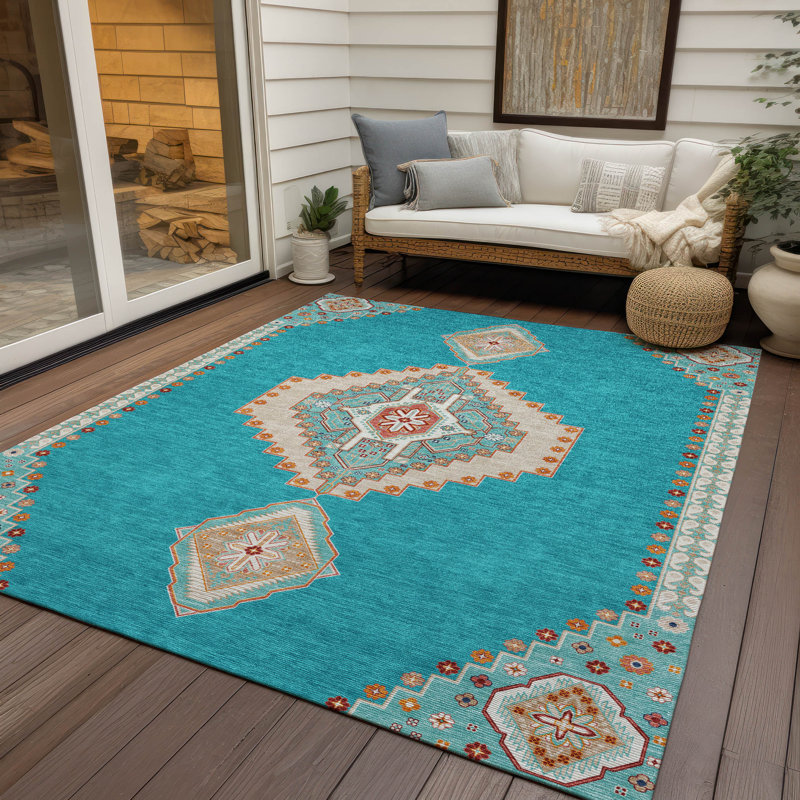 Teal Medallion Washable Synthetic Rectangular Rug 2'6" x 3'10"