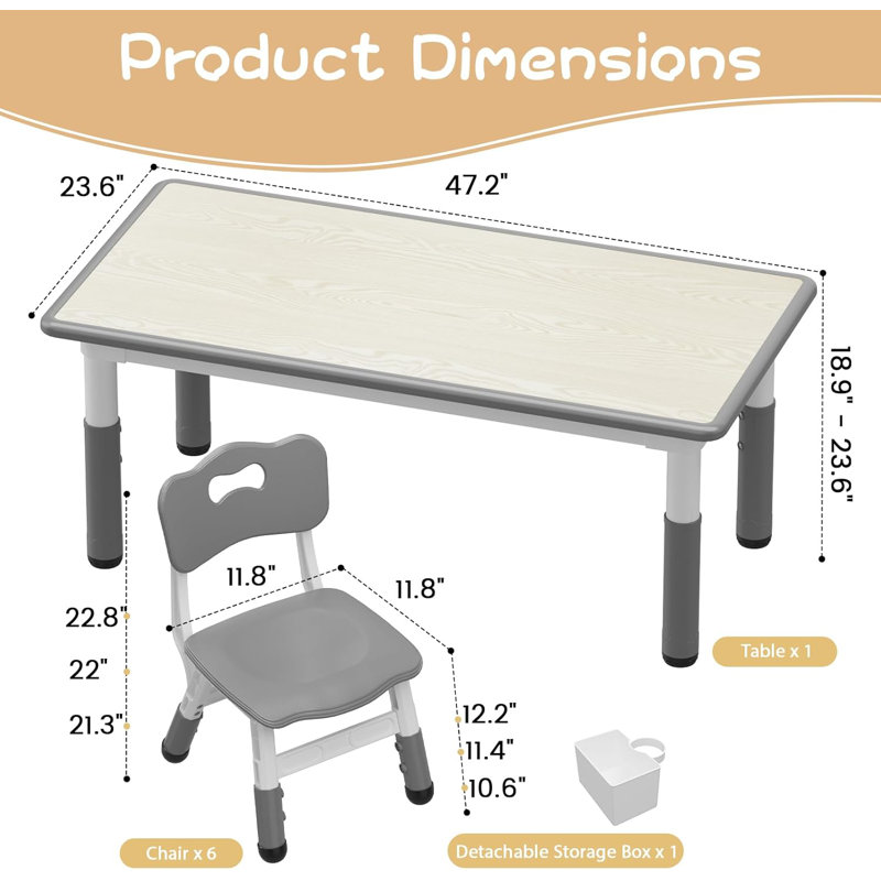 Ensemble de table et 6 chaises pour enfants, ensemble de table et de chaises pour tout-petits à hauteur réglable, Gris