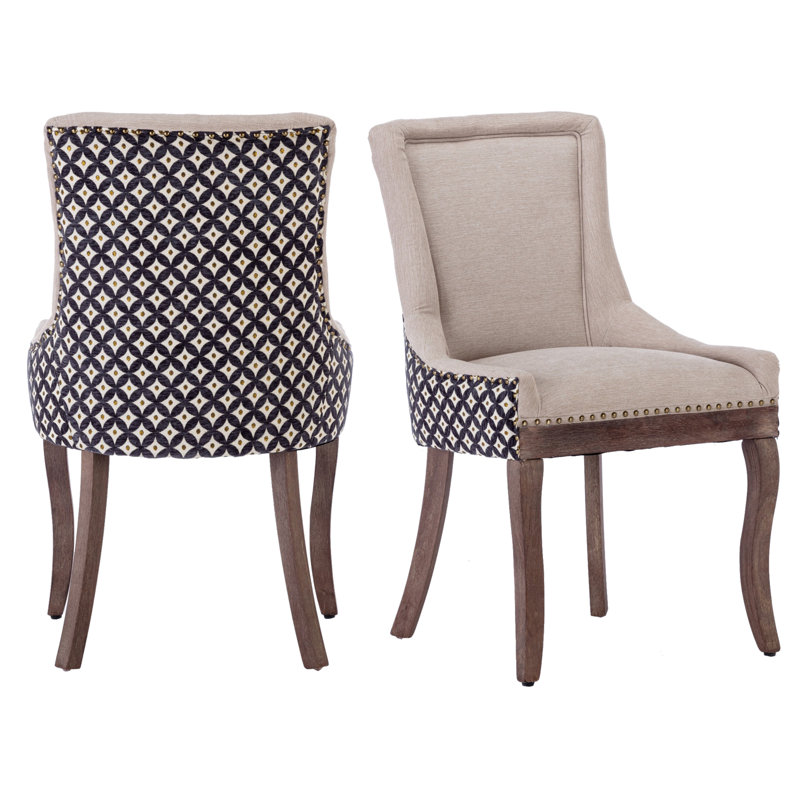 Ultra Side Dining Chair, Thickened Fabric Chairs With Neutrally Toned Solid Wood Legs, Nail Head, Set Of 2, Beige/Black
