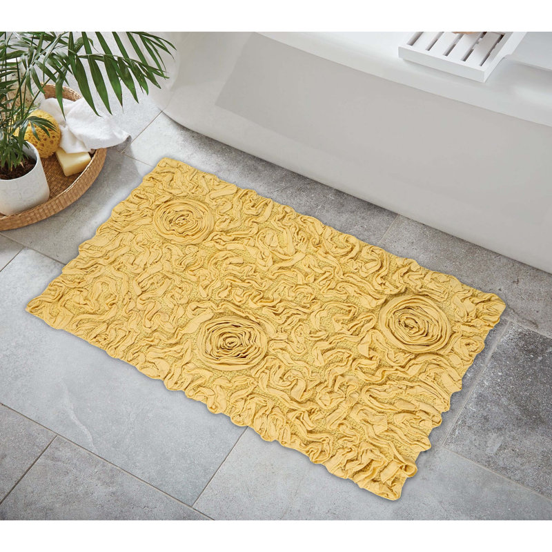 Tapis de bain en coton touffeté à motif floral rose Pascoe, Jaune, Simple - L 40 po x l 24 po