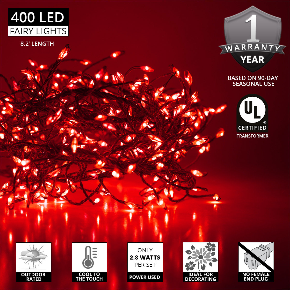 96'' LED String Lights, Red