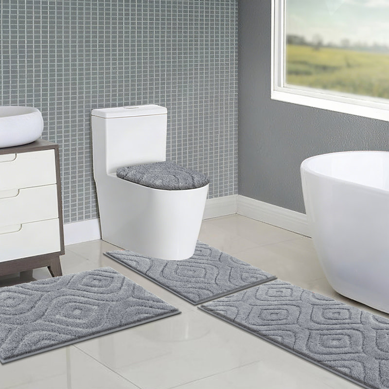 4 Piece Soft Absorbent Microfiber Bath Rug Set With Non-Slip Backing, Light Gray