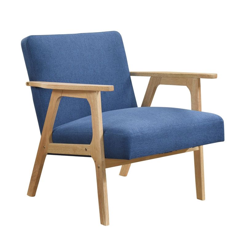 Chaise berçante d'appoint rembourrée en tissu bleu moderne avec structure en bois d'hévéa massif, finition naturelle - Meubles de salon contemporains