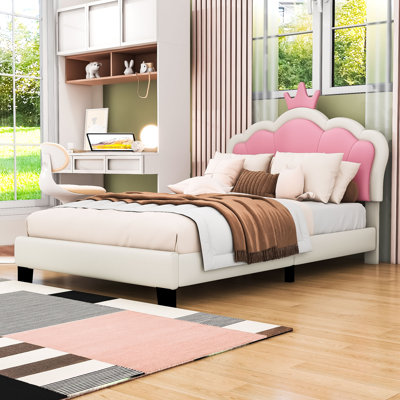 Upholstered Crown Bed with Headboard and Slats