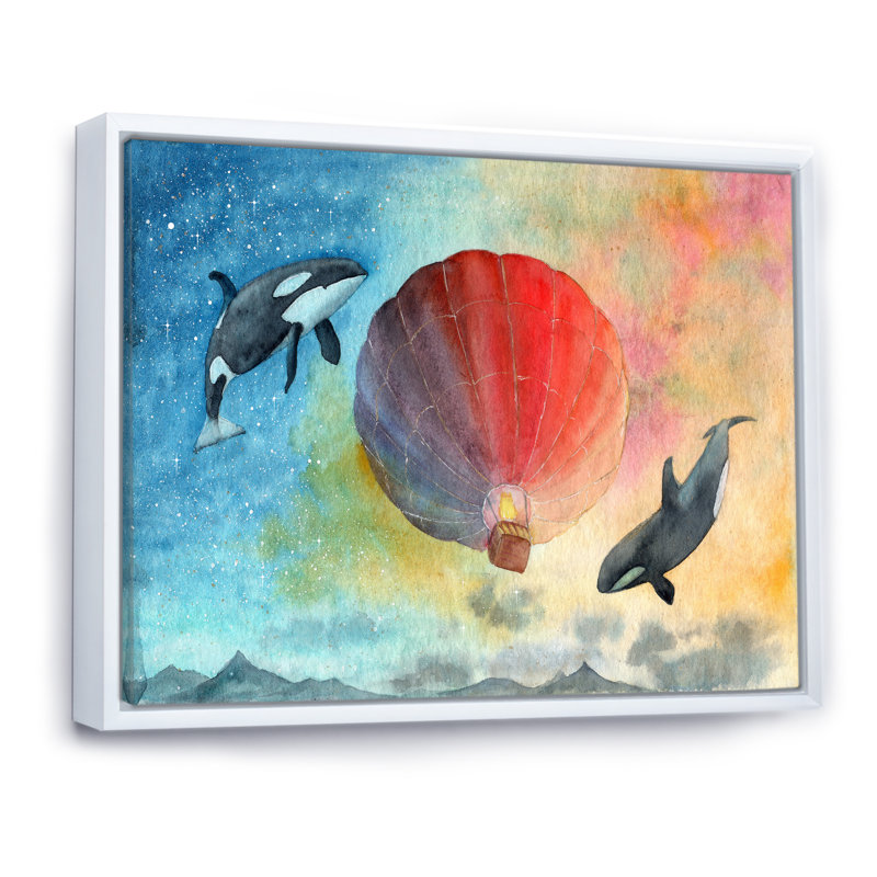 «Colorful Air Ballon In Night Sky», reproduction sur toile, H 34 po x l 44 po, Toile à cadre flottant blanc