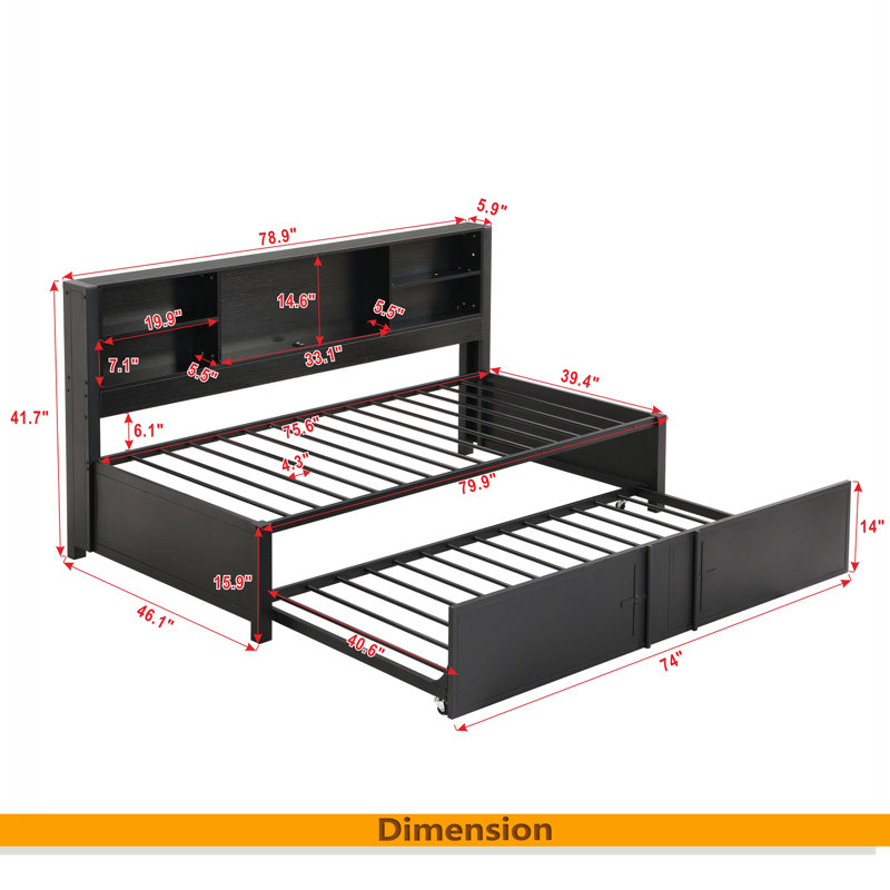 Metal Twin Size Daybed With Twin Size Trundle, Black