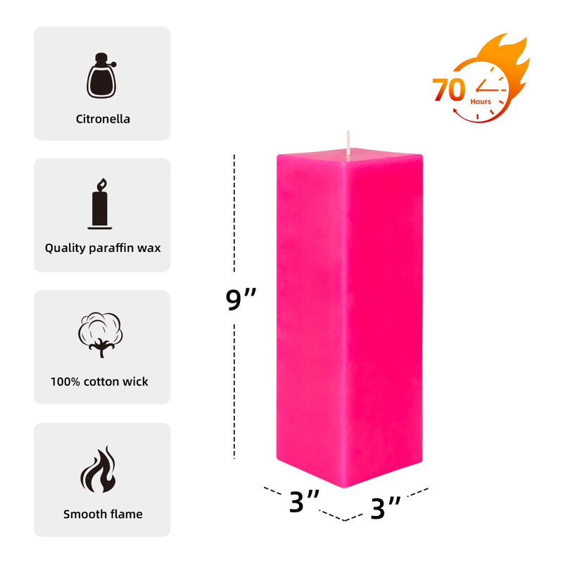 Bougie colonne, Rose vif, H 9 po x l 3 po x P 3 po, 1 bougie