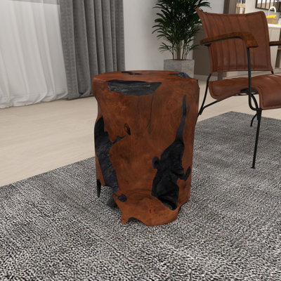 Atharv Brown Teak Wood Handmade Live Edge Stump Accent Table with Charred Detailing 14" x 14" x 18"