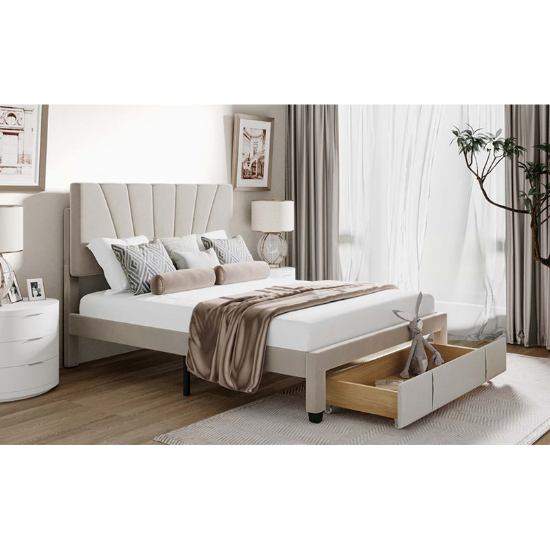 Lit plateforme tapissier avec rangement, Beige