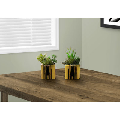 Indoor Greenery Of 2 7" Tall Faux Succulent Plants In Glossy Gold Pots With Real Pebble Accents Artificial Chic Potted Arrangement For Table And Side Decor