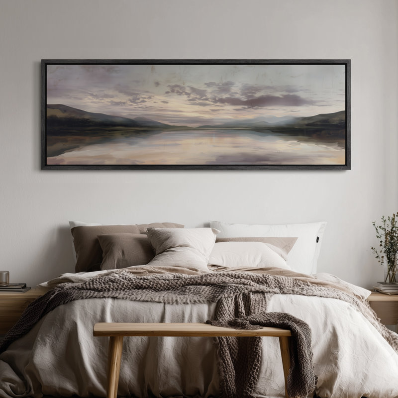 «Tranquil Lakeside Sunset in Pastel Skies», impression murale pour chambre à coucher, H 20 po x l 60 po, Noir