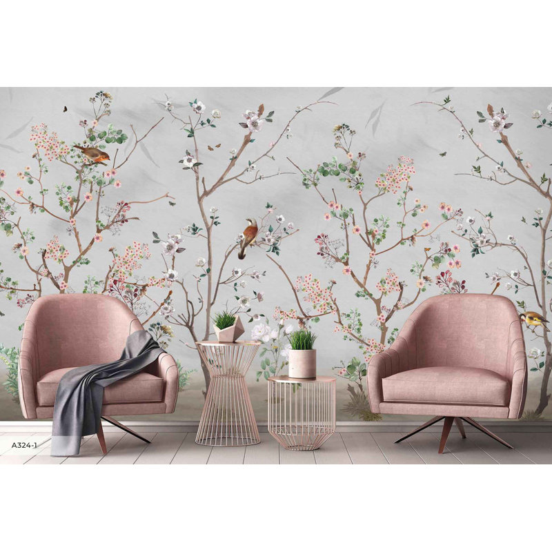 Papier peint floral symphonique peint à la main Serene, Beige, L 110,04 po x l 204 po
