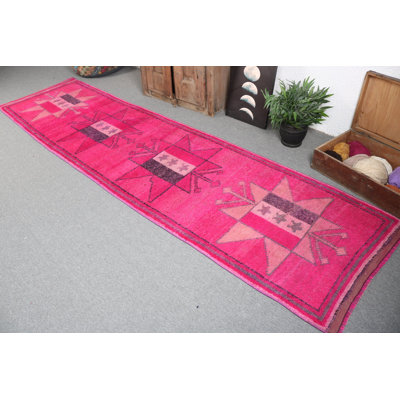 Handwoven Pink Turkish Runner Rug with Elaborate Geometric Star Design for Vibrant Home Decor