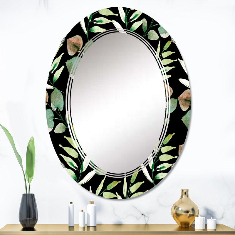 Feuilles vertes tropicales sur fond noir - miroir mural tropical ovale, 36 po x 24 po