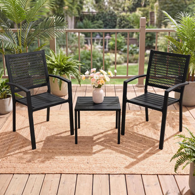 Set of 2 Stackable Outdoor Dining Chairs - Heavy-Duty Powder-Coated Steel Frame - Armrests, Hollow-Carved Seat, 300 lb Capacity for Patio Bistro, Deck & Balcony 