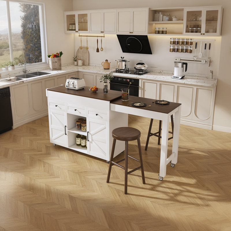 51" Rolling Kitchen Island With Retractable Dining Table And Power Socket - With 2 Drawers And 2 Door Cabinets