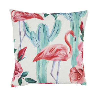 Multicolor Tropical Flamingo & Cactus Poly Filled Indoor Outdoor Throw Pillow 18" W X 18" L