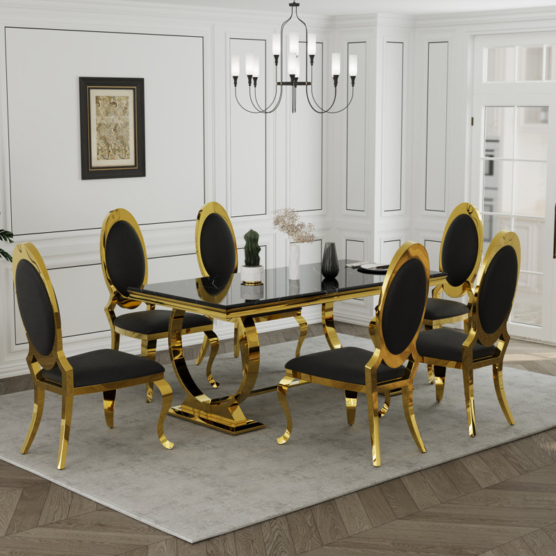 7 Piece Luxury White And Gold Dining Table Set With 6 White Leather Dining Chairs, Black, Black, Black/Gold