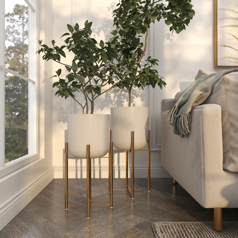 White Metal Dome Planters with Gold Stands, Set of 2