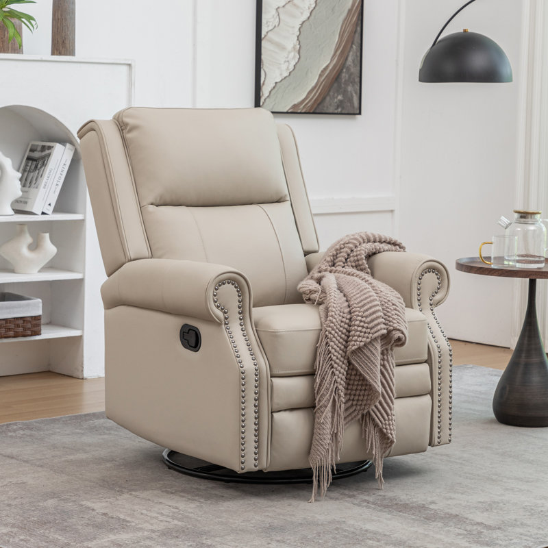 33" Wide Genuine Leather Upholstered Rocker Recliner, Beige