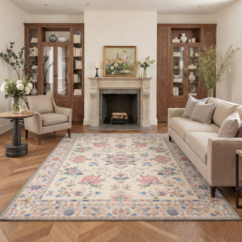 Allsop Vintage Floral Machine Washable Blush Rose / Beige Indoor Area Rug With Non-Slip Backing, Rectangle 8' x 10'
