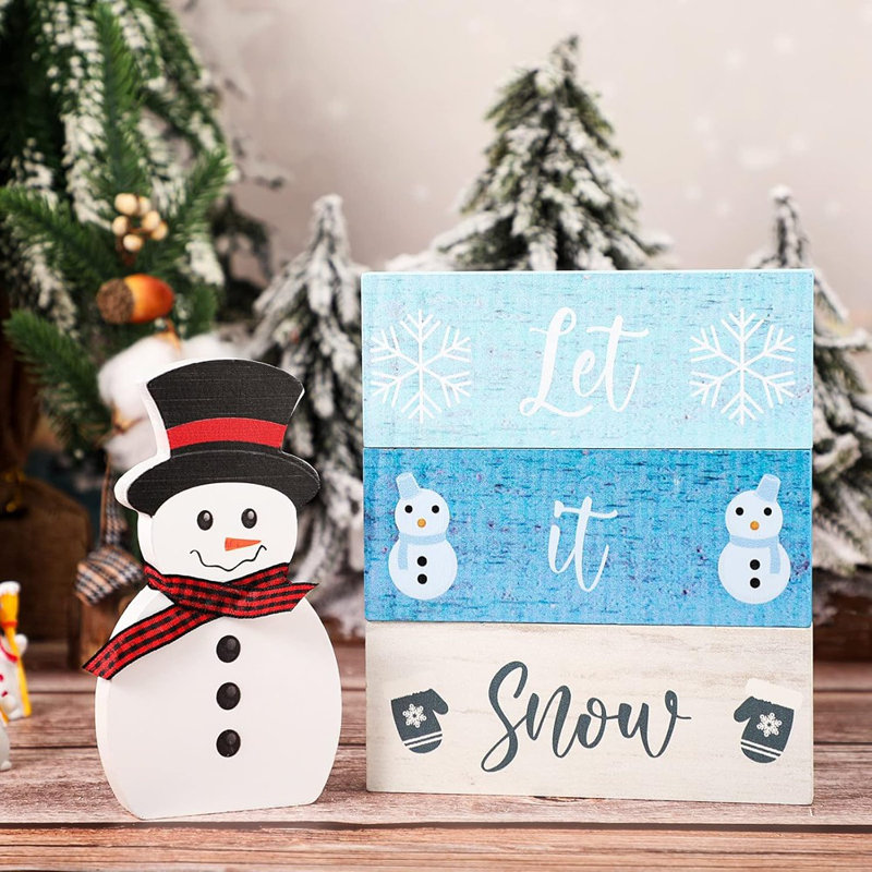Décorations de blocs de bois d'hiver - bois naturel / accents blancs - bonhomme de neige et décor «Let It Snow» / plateau rustique à niveaux et manteau de cheminée