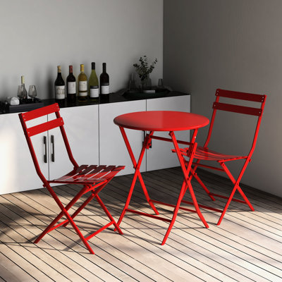 Red 3 Foldable Patio Bistro - Metal Furniture For Home And Outdoor Use 3 Piece In Chairs & Table. Metal, Rust-. Indoor Use. Space Saving. Simple Assembly. Can Bear 330 Lbs. Ideal For Bistros Balconies