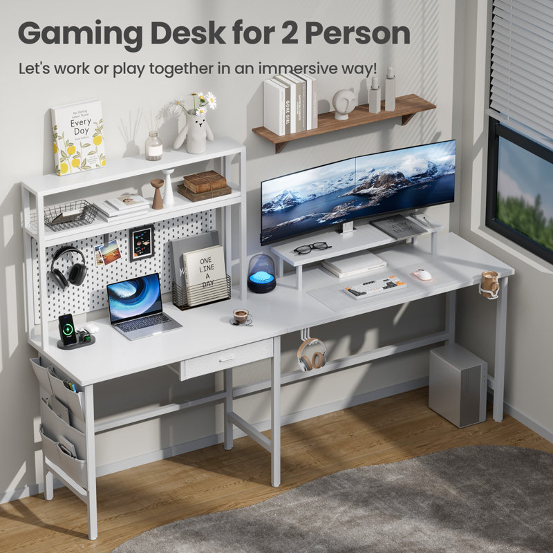 Modular L-Shaped Steel Computer Desk with Built-In Electrical Outlet, 146.5cm H x 170cm W x 50cm D, White