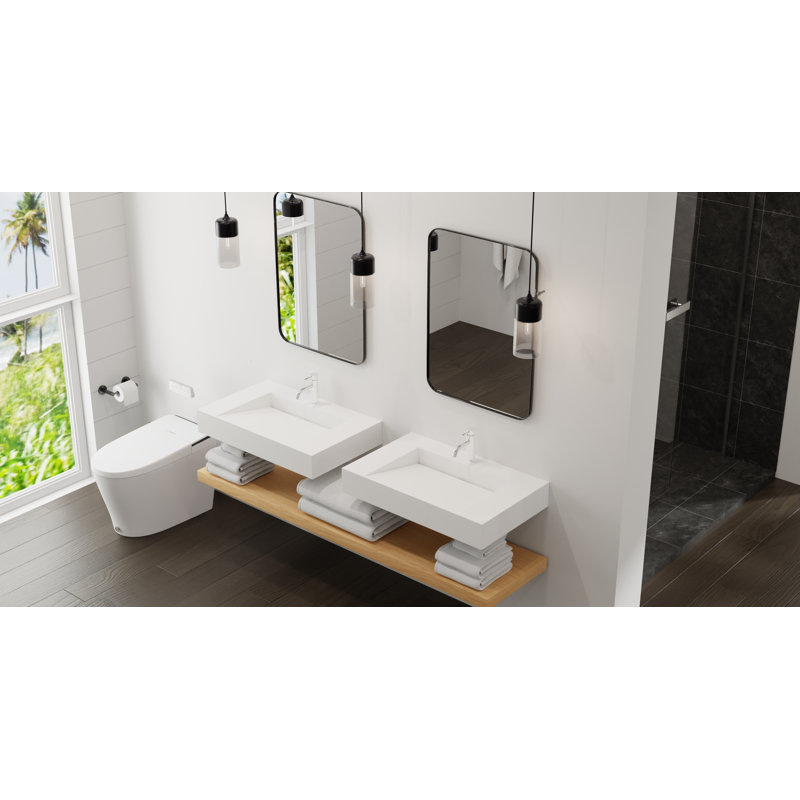 Gloss White Polymarble Rectangular Wall Mount Bathroom Sink