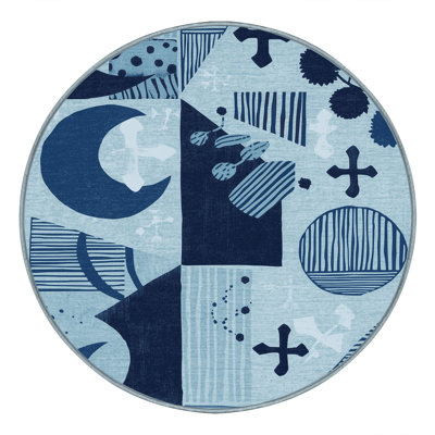 Machine Washable Peoro Global Inspired Block Print Rug in Blue – SkyBlue Binding