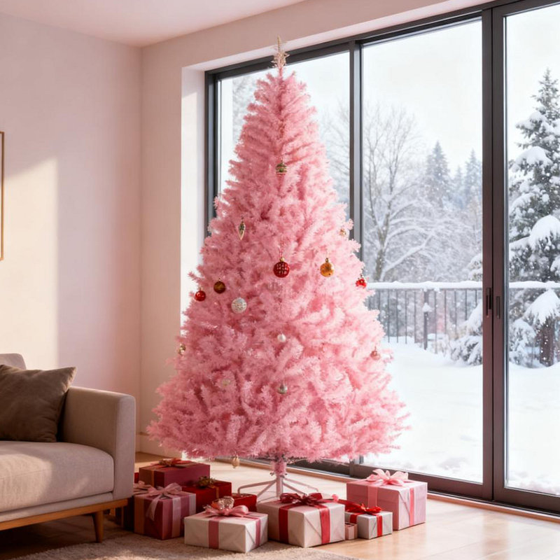 Arbres de Noël, arbres de Noël artificiels roses, avec ouverture automatique, base en acier, forme large pour la décoration intérieure de Noël