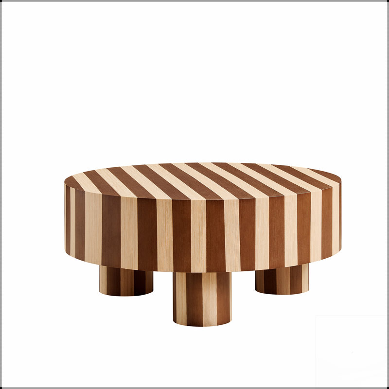Table basse ronde en bois avec placage de chêne rayé