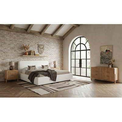 Ensemble de chambre à coucher 4 pièces en tissu ivoire moderne + chêne naturel Elvar