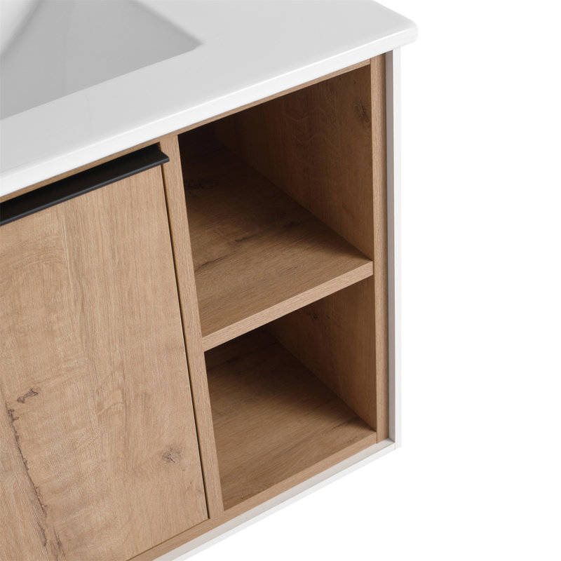 30 in. Imitative Oak Floating Wall Mounted Single Vanity with Ceramic Top