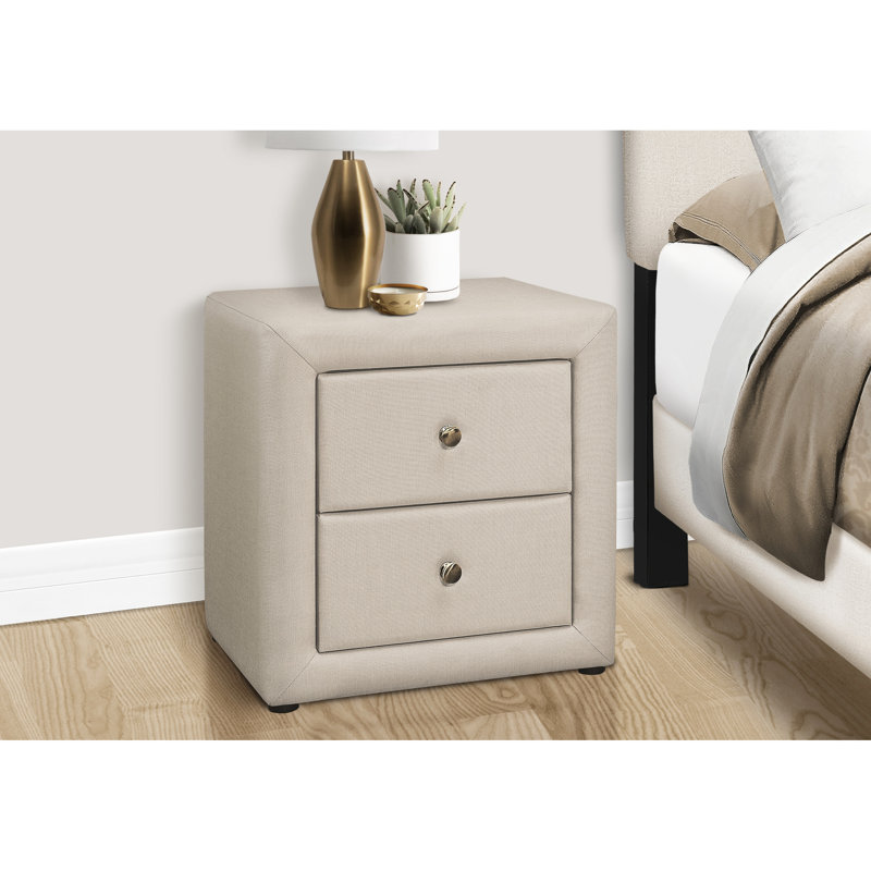 Table de chevet beige en lin pour chambre à coucher - Augmenter la capacité de rangement transitionnelle avec revêtement et tiroir