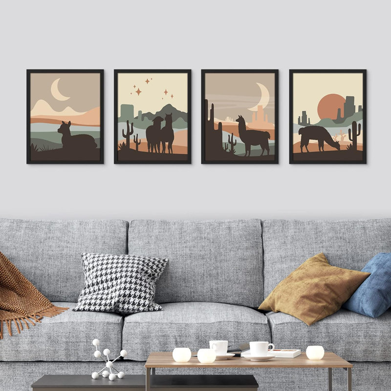 «Desert Landscape Cactus Animals», impression sur papier 4 pièces, Noir, H 14 po x l 11 po x P 1 po