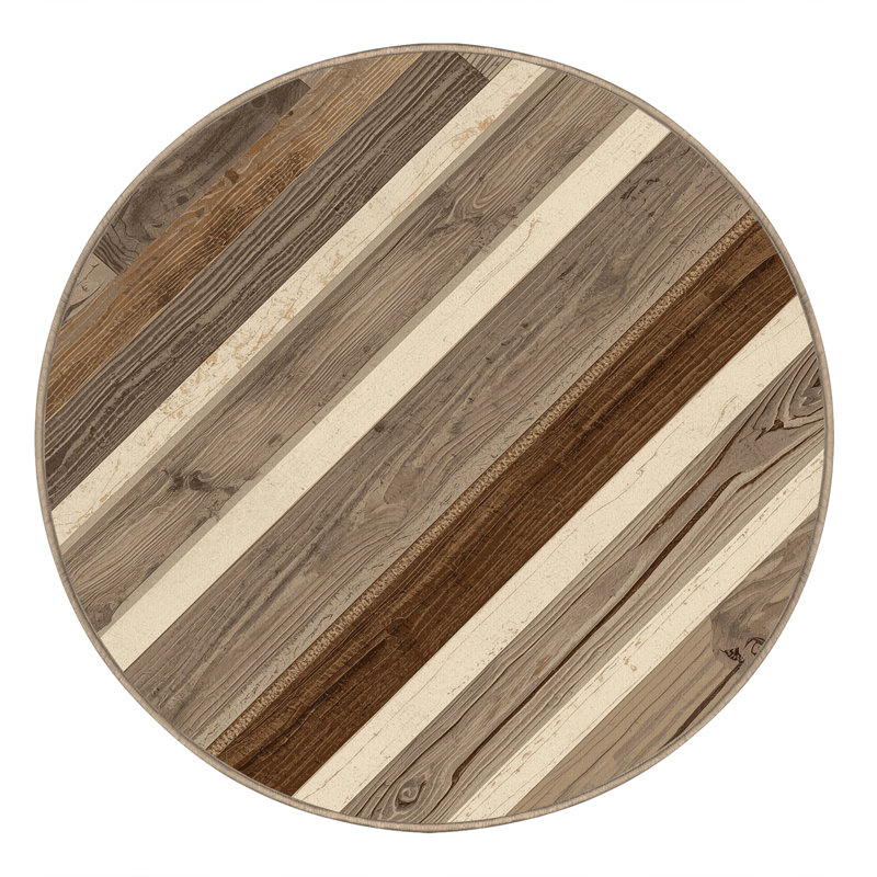 Machine Washable Penola Rustic Wood & Shiplap Rug in Grey – Beige Binding, 4' Round