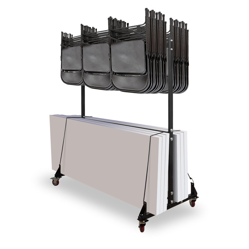 Black Steel Folding Chair and Table Storage Cart with Wheels