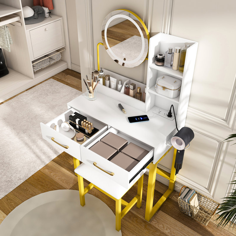 Coiffeuse de maquillage blanche, lumières à DEL à changement de couleur 3, 2 grands tiroirs de rangement, pieds en métal, meuble-lavabo de chambre à coucher, prise de courant réglable, fauteuil, commode